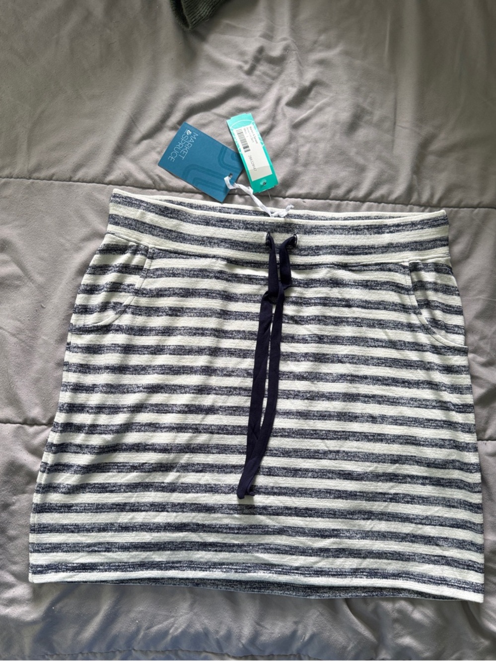 Striped Drawstring Knit Skirt - Navy & White